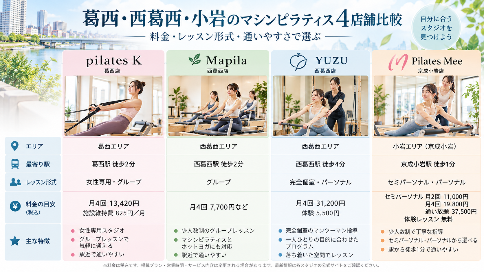 葛西・西葛西・小岩のマシンピラティス4店舗比較｜pilates K・Mapila・YUZU・Pilates Meeの通常料金と特徴